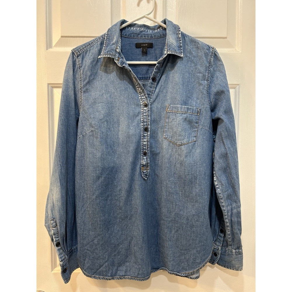 J. Crew Classic Indigo Chambray Tunic Blouse Women's Sz 12 Denim Shirt Cowgirl